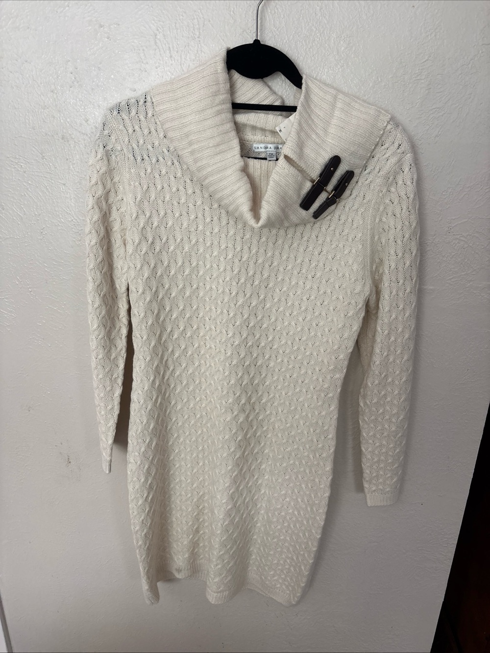 Sandra Darren Cream Cable-Knit Shawl Collar Sweater Dress with Buckle